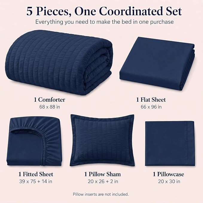 Twin Comforter Set, 5 Pieces Navy Blue Seersucker Bed in a Bag | OEKO-TEX Certified, All Season Bedding Sets with 240 GSM Down Alternative Comforter, Flat & Fitted Sheets, Pillowcase & Sham