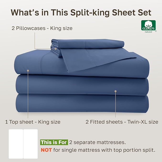 California Design Den Softest 100% Cotton Sateen 5 Pc Split King Sheets Set | 500 Thread Count with Good Housekeeping Seal, Split King Sheets Sets for Adj. Bed with 2 Sep. Twin-XL Mattresses - Denim Blue