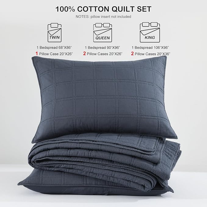HORIMOTE HOME 100% Cotton Quilt Set King Size, Denim Blue Pre-Washed Bedspreads Coverlet Set in Geometric Pattern, Cozy Lightweight Stitching Decorative Bedding Cover with 2 Shams for All Season