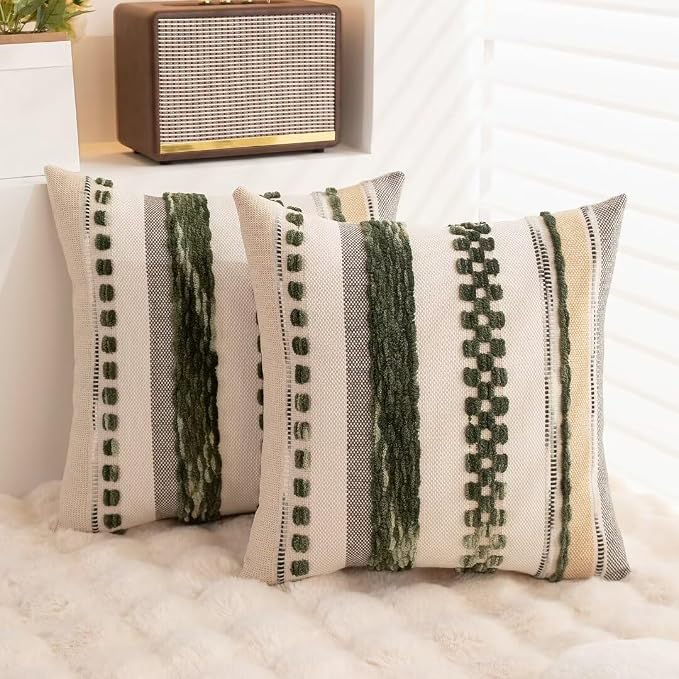 Boho Throw Pillow Covers Decorative Neutral Farmhouse Pillow case | 18x18 Set of 2 Cushion Case Striped Square Pillows Cover Couch Pillow Cases Accent Pillowcase for Sofa Bed,Dark Green