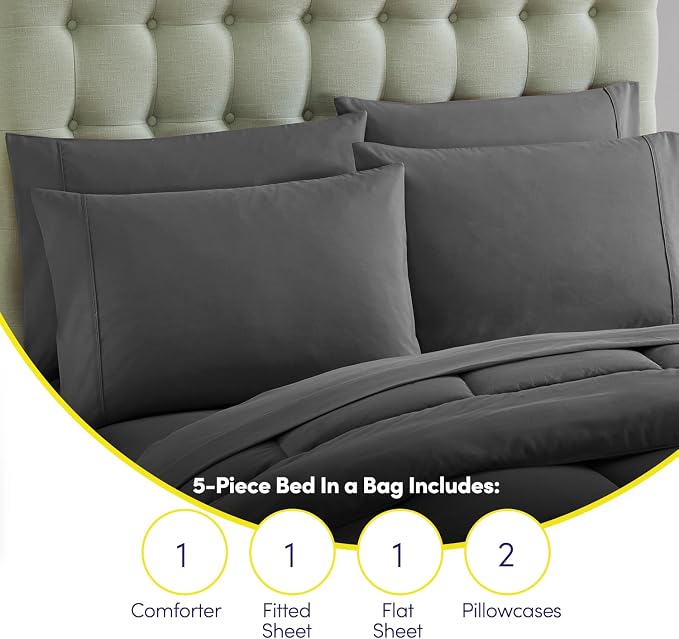 Sweet Home Collection 5 Piece Comforter Set Bag Solid Color All Season Soft Down Alternative Blanket & Luxurious Microfiber Bed Sheets, Gray, Twin