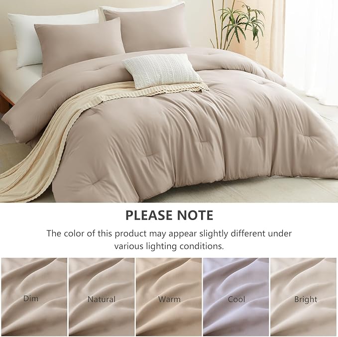 Queen Comforter Set, 3 Pieces Down Alternative Bedding, Wheat | 270 GSM All Season Comforter with 4 Corner Ties for Use as a Duvet Insert, OEKO-TEX Certified, 2 Pillowcases, 88 x 88 in