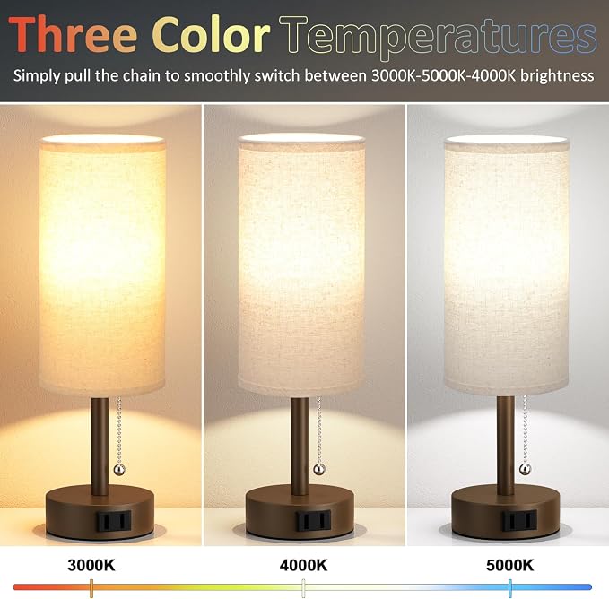 Brown Bedside Table Lamps Set of 2 - Bedroom Lamp for Desk, AC Outlet | 3CCT(3000K/4000K/5000K), LED Bulbs Included, Beige Fabric Lampshade, 14in Small Lamp for Nightstand, Guest Room, Living Room