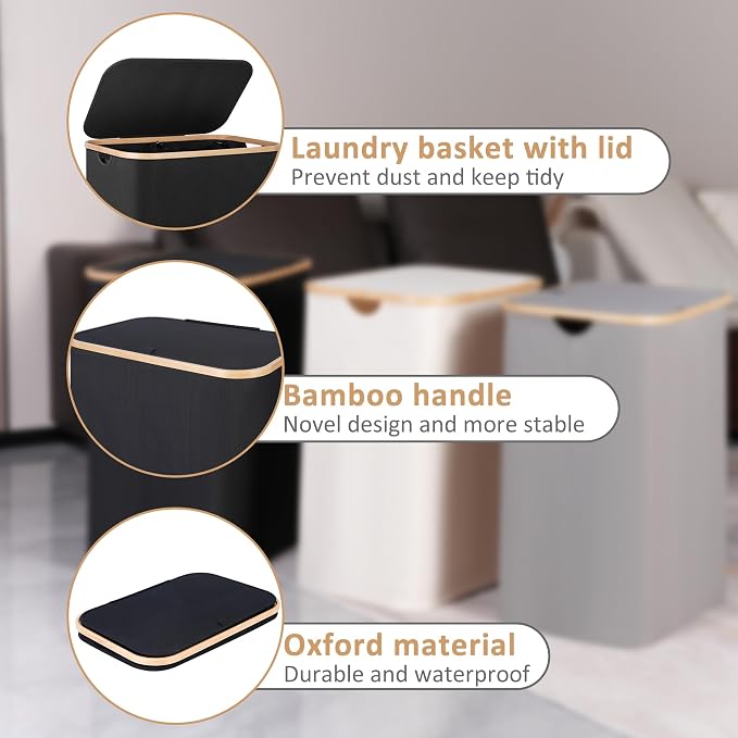 IEGrow Laundry Hamper with Lid,150L Laundry Basket with 2 Mesh Bags,Black | Dirty Clothes Hamper Basket with Bamboo Handle for Clothes Towels