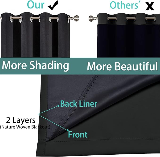 Yakamok Black 100% Blackout Curtains 96 Inches Long for Bedroom 52" Wide | Blackout Curtain Panels for Bedroom, 2 Thick Layers Grommet Top Thermal Insulated Drapes with Black Liner for Living Room