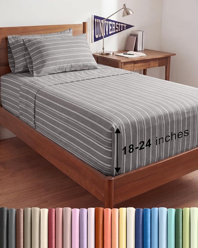 Extra Deep Twin XL Sheet Set - 4 Piece College Dorm Room - Grey Stripes 3 | College Dorm Room Essentials, Easy & Secure Fit, Ultra-Soft, Wrinkle & Fade Free, Comfy Sheets Set with Extra Deep Pockets