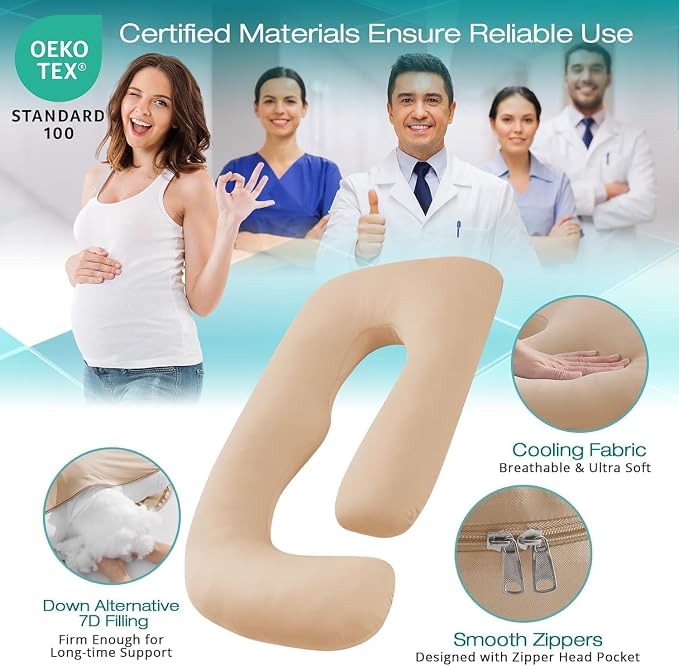Cooling Pregnancy Pillows for Sleeping, 65'' Full Body Pillow, Beige | Sasttie Maternity Pillow, OEKO-TEX, Down Alternative, Removable Cover, Pregnant Women Must Haves, Maternity Essential