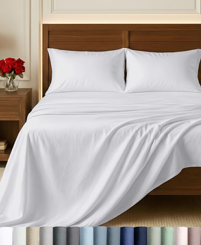 California Design Den 100% Egyptian Cotton California King Sheets Set | Backed by Good Housekeeping Seal, Light & Airy Soft Sateen, 16" Deep Pocket, All-Around Elastic, 4pc Set - Bright White