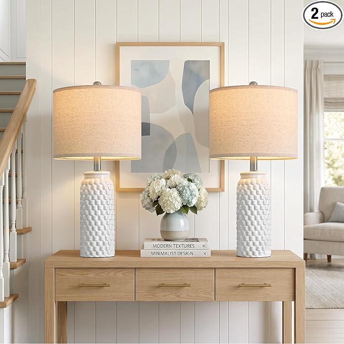 USumkky 24" Modern Ceramic White Bedside Lamp Set of 2 Table Lamp for Bedroom Decor Farmhouse Table Lamp for Living Room Office Dorm