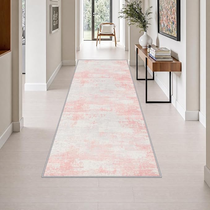 3x8 Washable Runner Rug：Modern Abstract Soft Carpet Pink White | For Hallway, Bedroom, Kitchen, Laundry, Bathroom,Door Mat,Modern Abstract,Machine washable,Non-Slip,Stain Resistant,Indoor