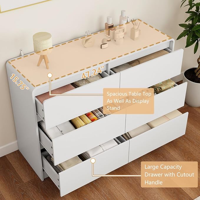 Vibe & Dine White 6 Drawer Dresser for Bedroom, Modern Wooden Dressers & Chests of Drawers with Arc Edge Design, 47" Wide Dresser for Closet, Living Room, Entryway