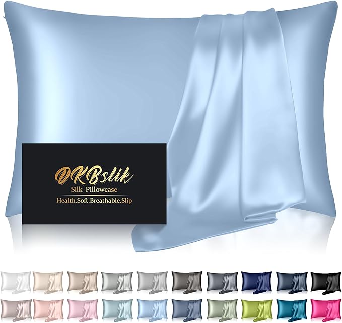 Silk Pillowcase for Hair and Skin, Mulberry Silk Pillow Cases Queen Size, Anti Acne Cooling Beauty Sleep Both Sides Natural Silk Satin Pillowcases with Hidden Zipper, Gifts for Women Men, Haze Blue