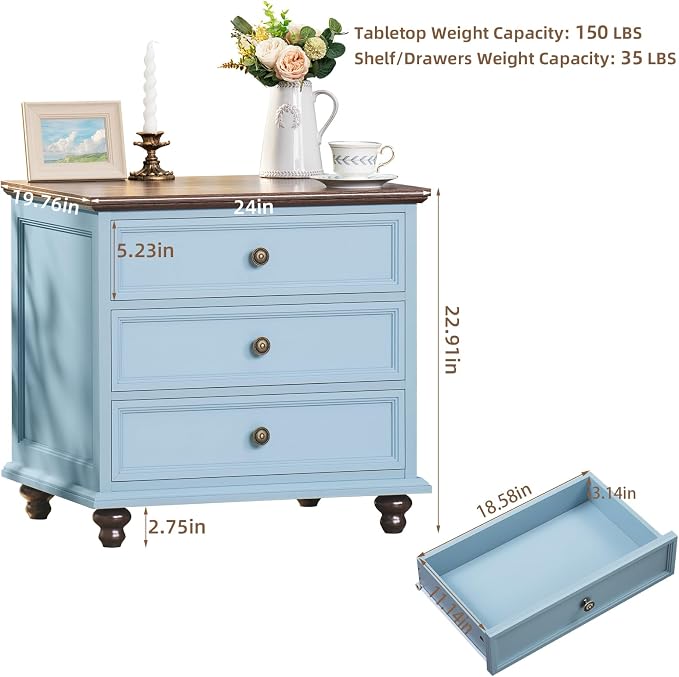 Joaxswe 24" Wide Farmhouse Night Stand Set of 2,Large End Table with 3 Drawers & Metal Handle,Wood Dresser for Bedroom Cabinet,Light Blue Bed Side Table Chest of Drawers,Nightstand for Living Room