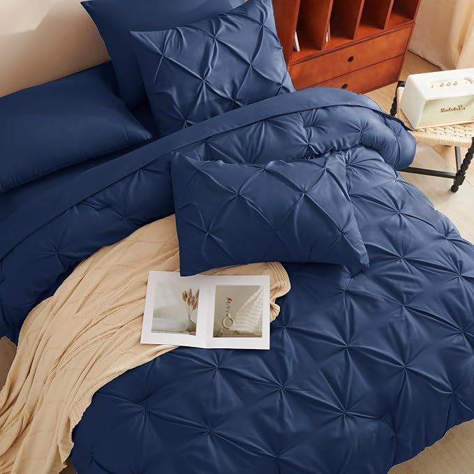 HIMEET Twin XL Comforter Set Navy Blue - 5 Pieces Pintuck Bed in a Bag | OEKO-TEX Certified, 240GSM Down Alternative Comforter, 14" Deep Pocket Fitted Sheet + Flat Sheet + 1 Pillowcase + 1 Sham