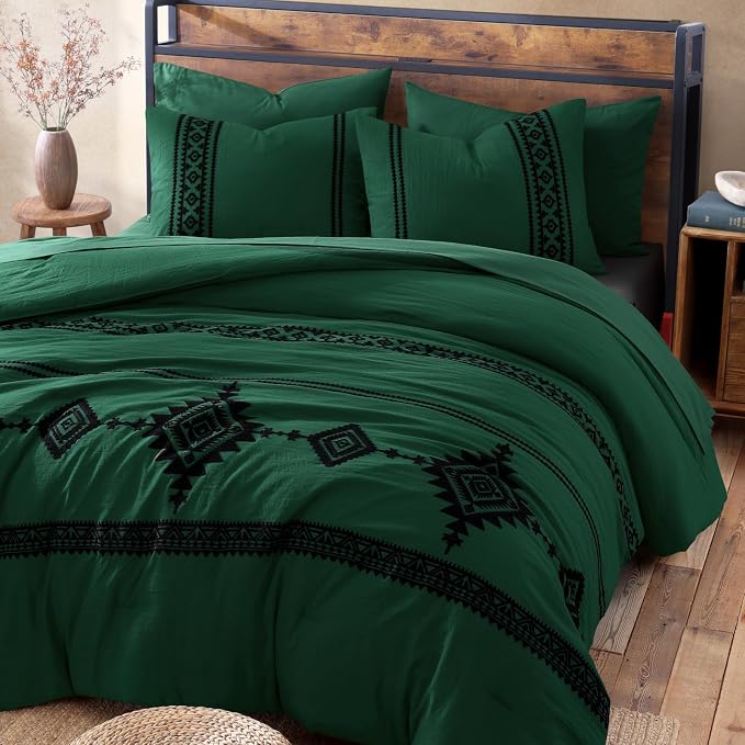 MaiRêve Embroidery King Size Comforter Set 7 Pieces Western Bed in a Bag | Emerald Green Boho Farmhouse Bedding Sets with Comforter, Sheets, Pillowcases & Shams