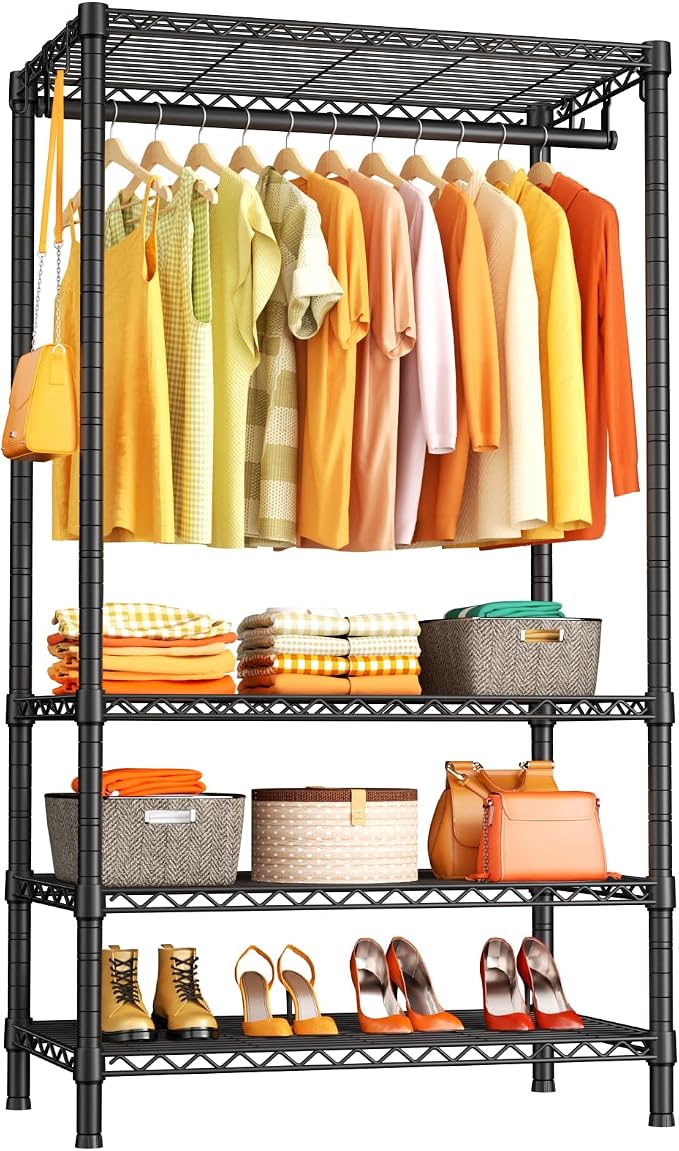 Ulif H4 Portable Closets, 4-Tier Metal Clothes Garment Rack for Bedroom and Cloakroom, Clothing Closet Storage and Organizer Wardrobe, 35.4" W x 14" D x 76.4" H, Black | Black Freestanding Clothing Closet Storage and Organizer Wardrobe for Apartment an...
