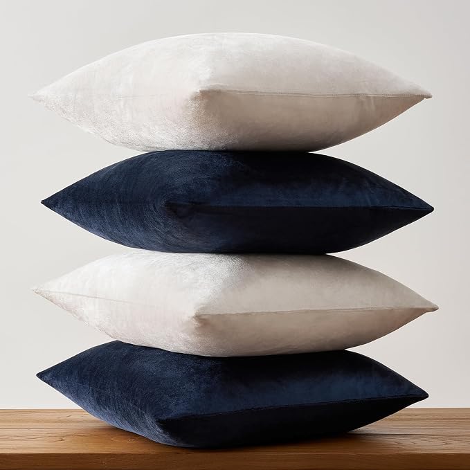 GIGIZAZA Pack of 4 Decorative Velvet Pillow Covers 18x18 Navy Beige | Throw Pillows for Couch Sofa,280gsm Soft Textured Fabric,Modern Accent Pillowcases,Luxury Living Room Cushion Covers