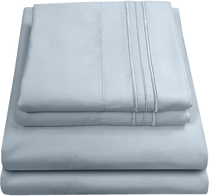 1800 Supreme Collection - Breathable Luxury Full Size Sheet Set with Full Elastic & Secure Corner Straps Built In, Extra Soft Deep Pocket Bedding, Misty Blue
