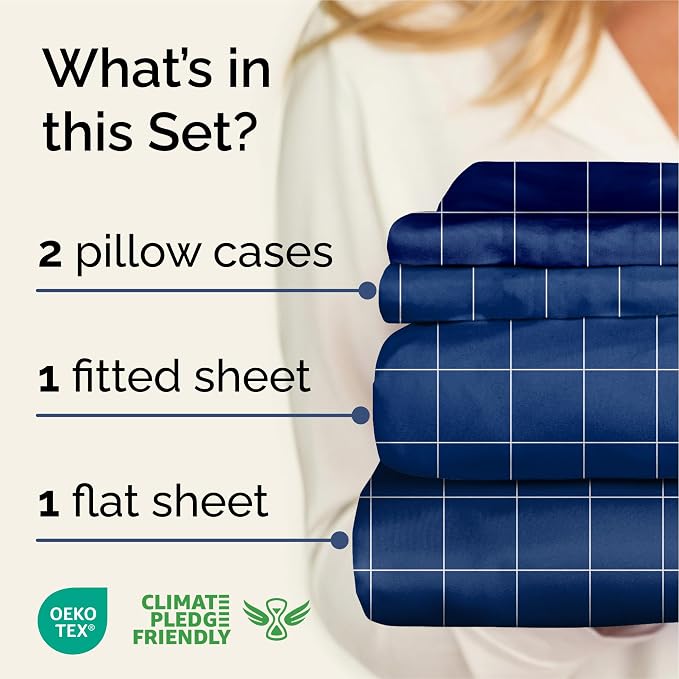 Queen 4 Piece Striped Sheet Set - Soft, Breathable & Cooling - Blue Grid | 1 Flat, 1 Fitted & 2 Pillowcases w/ Deep Pockets, Luxury Striped Bedding, Soft, Breathable & Cooling, Wrinkle & Fade Free