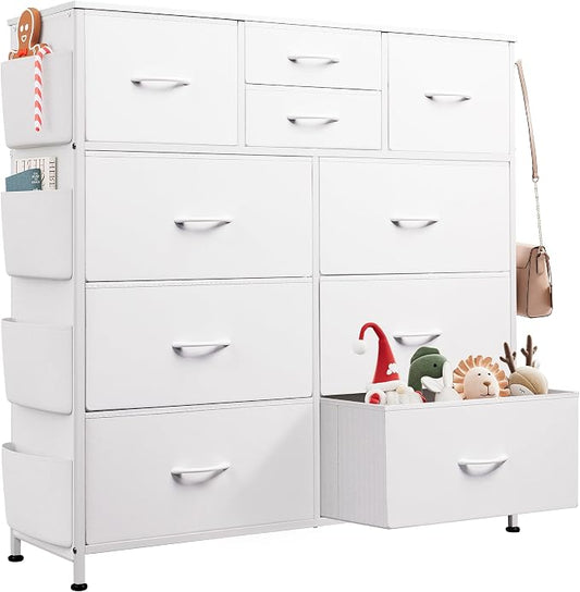 WLIVE 10 Drawer White Fabric Dresser for Bedroom, Side Pockets Chest | White Fabric chest of drawers with side pockets & hooks, perfect baby dresser for nursery kids bedroom toddler closet storage