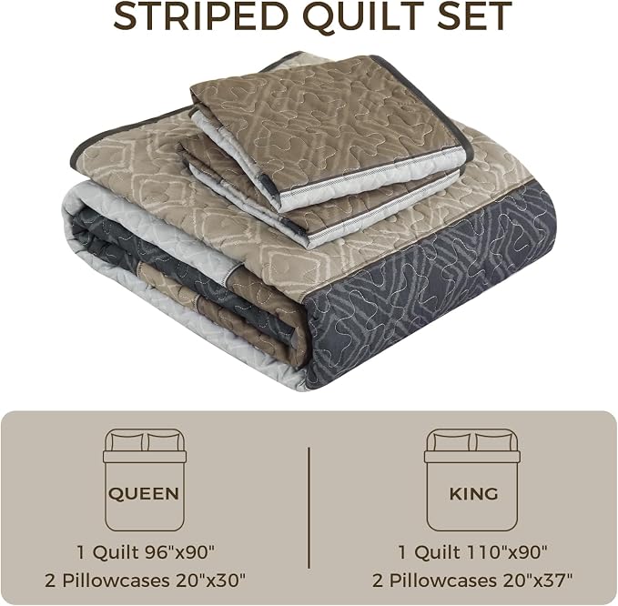 Cottolester King Quilt Set,Grey Brown Striped Plaid Bedsperad Coverlet Set | Modern Boho Style,Striped Plaid Design,Ultra Soft Lightweight Microfiber Quilted Bedding Sets for All Seasons 110"x90"