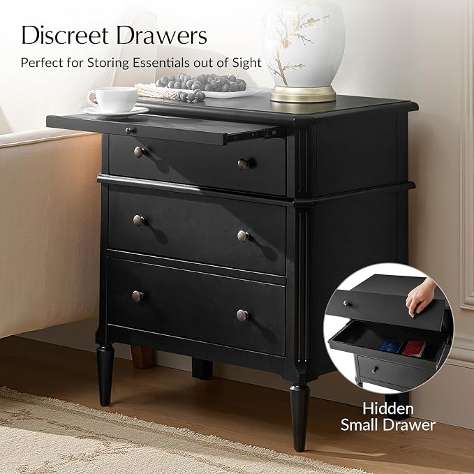 HULALA HOME 30 Inches Side Table with Charging Station, Black | Spindle Legs, Hidden Drawer, Pull-Out Tray, Built-In Outlet, Chamfered Edges, Adjustable Feet, Transitional Style