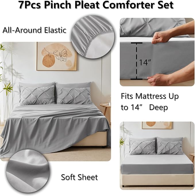 HIMEET King Size Comforter Set Light Grey - 7 Pieces Pintuck Bed in a Bag | OEKO-TEX Certified, 240GSM Down Alternative Comforter, 14" Deep Pocket Fitted Sheet + Flat Sheet + 2 Pillowcases + 2 Shams