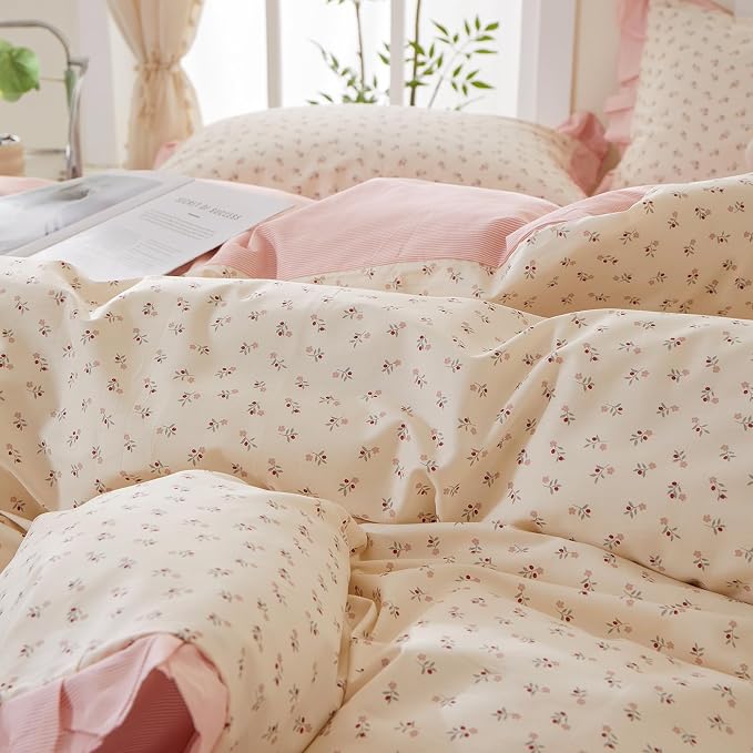 mixinni Pink Floral Duvet Cover Set Twin Size – 100% Cotton Ruffle Lace Bedding, Romantic Blushing Flower Print, Reversible Striped Pattern, Cottagecore Soft Aesthetic Princess Bedding for Girls