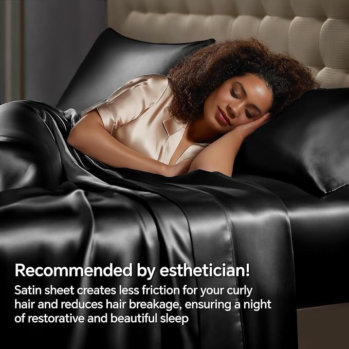 BEDELITE Satin Sheets Full Size Bed Set, Black, 4 Pieces | Luxury Silky Bed Sheets, 15 Inch Deep Pocket, Similar to Silk, Soft and Cooling, Reduces Friction, Gentle on Hair and Skin