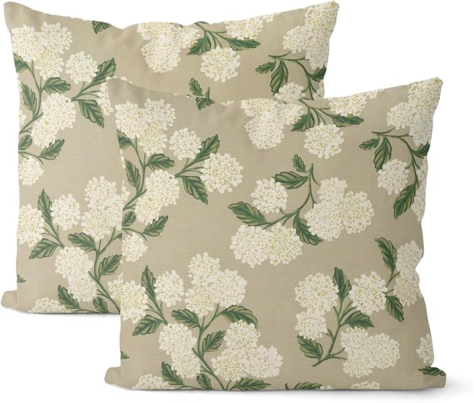 Beige Spring Pillow Covers 18x18 Inch 2 Pcs Khaki Green Hydrangea Flower Decor Throw Pillows Vintage Floral Seasonal Summer Outdoor Decoration Pillowcase Linen Cushion Cover for Couch Sofa