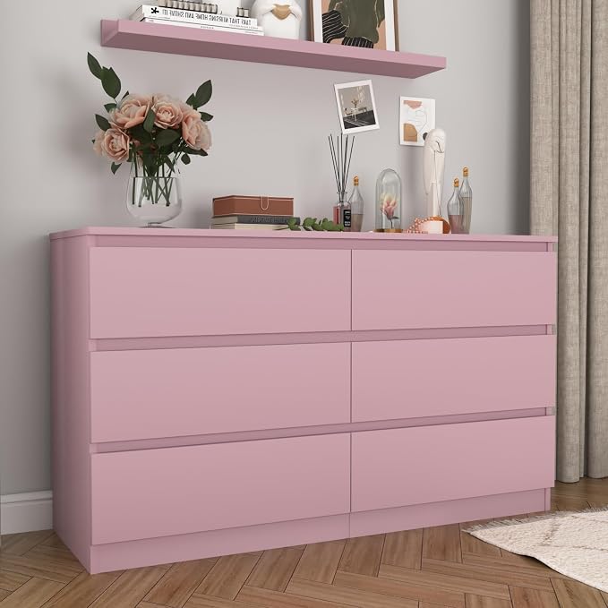 Vibe & Dine 6 Drawer Double Dresser, Modern Chest of Drawers with Wide Storage for Closet, Bedroom, Living Room, Pink