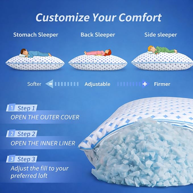 Queen Size Pillow 1 Pack for Sleeping, Cooling Adjustable Memory Foam Pillow, Dual Fill Design Helps Maintain Shape, Breathable Washable Cover