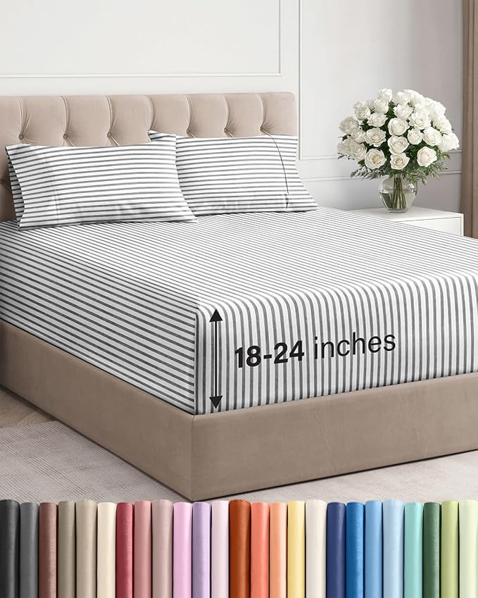 Extra Deep Queen Sheet Set - 4 Piece Breathable & Cooling - Grey Stripes | Easily Fits 18 to 24 inch Mattress - Ultra Soft, Wrinkle & Fade Free with Extra Deep Pockets - Comfy Hotel Luxury Bedding