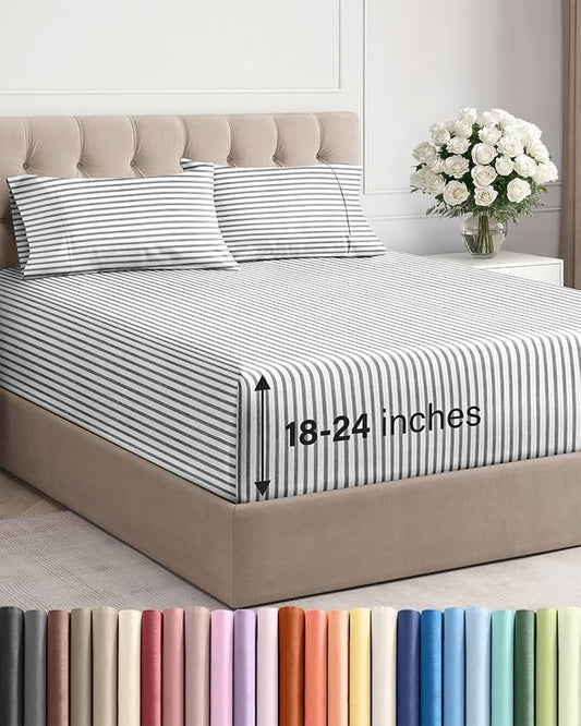 Extra Deep Queen Sheet Set - 4 Piece Breathable & Cooling - Grey Stripes | Easily Fits 18 to 24 inch Mattress - Ultra Soft, Wrinkle & Fade Free with Extra Deep Pockets - Comfy Hotel Luxury Bedding