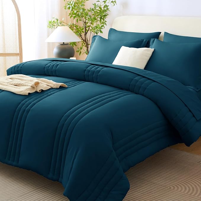Queen Comforter Set Lyons Blue - 7 Pieces Bed in a Bag | OEKO-TEX Certified, 240GSM Down-Alternative Comforter, 14" Deep-Pocket Sheets, Shams & Pillowcases, Lightweight