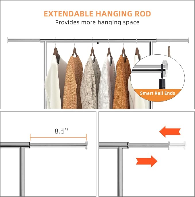 Simple Trending Clothing Garment Rack, Extendable Clothes Rack, Chrome | Double Rod Portable Closet, Mesh Storage Shelf, Waterproof and Rust-resistant, 360° Wheels, Bedroom, Laundry Room