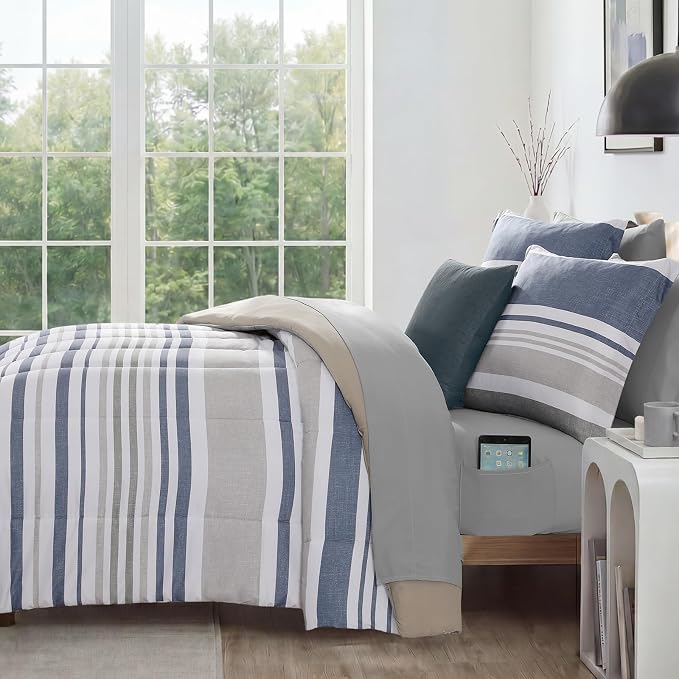 Monbix King Size Comforter Set, 7 Pieces Soft Bed in a Bag King Bedding Set | All Season Ocean Blue Striped Reversible Soft Comforter with Sheets, Pillowcases & Shams
