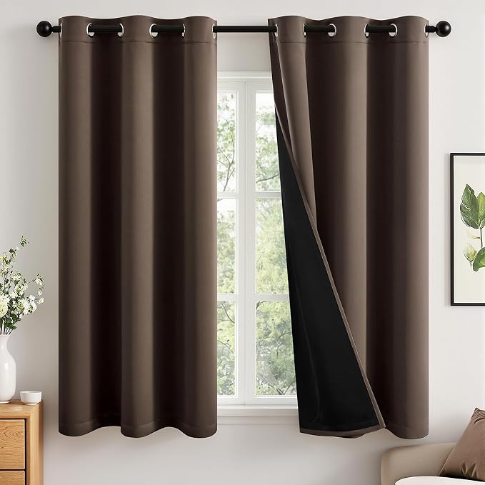 MIULEE Chocolate Brown 100% Blackout Curtains for Bedroom 40x45 Inch Length | 2 Thick Layers Thermal Insulated Short Curtains with Black Liner, Noise Reducing Grommet， Drapes for Living Room, 2 Panels