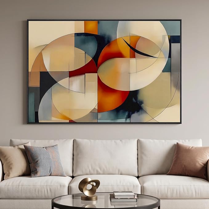 Extra Large Framed Geometric Abstract Wall Art for Living Room, 60x40 In | Orange blue colorful picture, Horizontal canvas prints, Wood frame, Modern artwork, Wall decor for bedroom dining room office