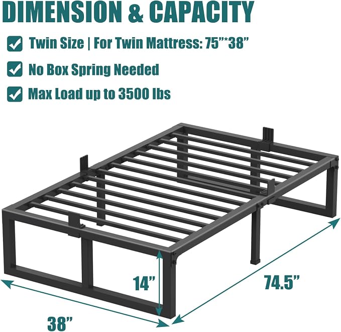 Yitong Angel Twin Bed Frames Platform, 14 Inch High 3500 lbs Heavy Duty Metal Platform, Mattress Foundation with Steel Slat Support/No Box Spring Needed/Noise Free/Non-Slip/Easy Assembly