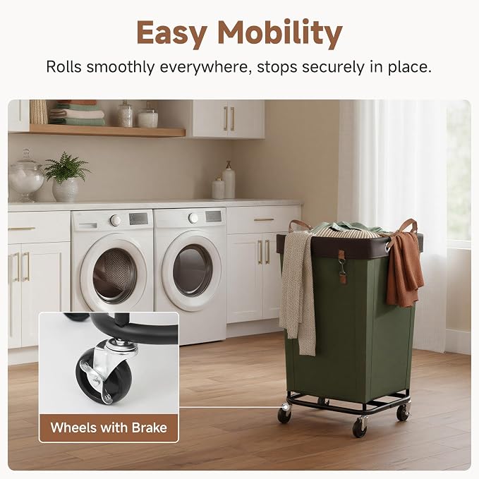 StorageWorks 160L Laundry Basket with Wheels, Rolling Hampers for Clothing | Green Laundry Basket with Wheels, Metal Frame & Handles, Rolling Hamper for Bedroom, Bathroom, Dorm, Hotel