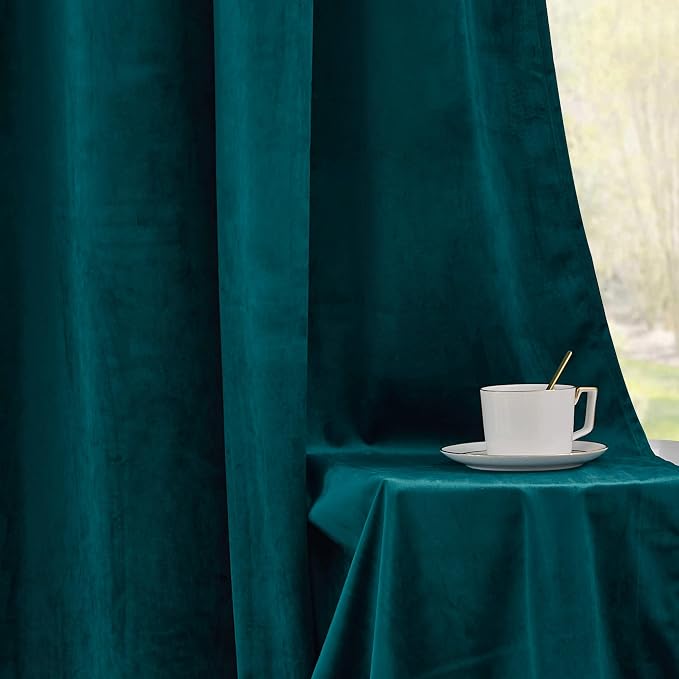 RYB HOME Velvet Room Darkening Curtains for Living Room 72 inches Long | Thermal Insulated,Privacy UV Heat Blocking,Noise Reducing,Drapes for Kids Room Sunroom,Peacock Blue,W52 x L72,2 Panels Set