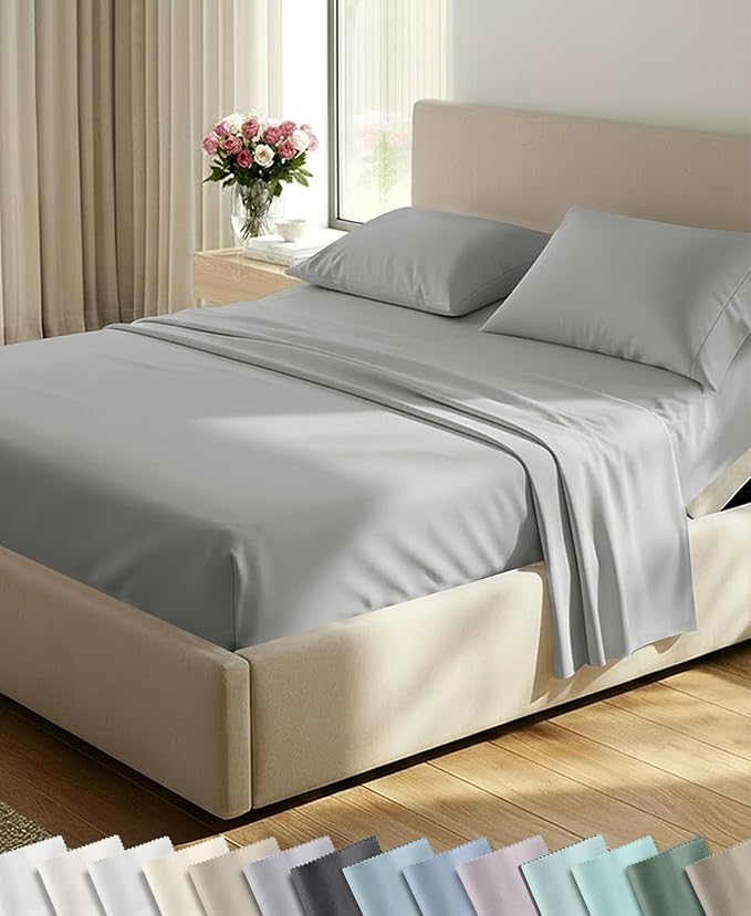 California Design Den 600 Thread Count Split King Bed Sheet Set, 5 Pcs Set | 100% Cotton Sateen, Good Housekeeping Seal, Split King Sheets Sets for Adj. Bed with 2 Sep. Twin-XL Mattresses - Light Grey