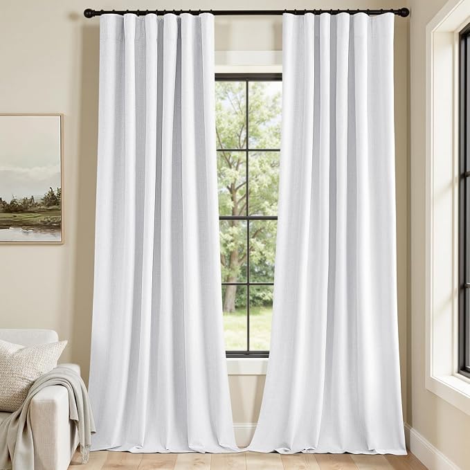 MIULEE 100% Blackout Back Tab Pleat Linen Curtains 50" Wx108 L,Bright White | 2 Panels,Thick Faux Linen,Textured Drapes,with Hooks,for Bedroom Living Room,Black Out,Room Darkening