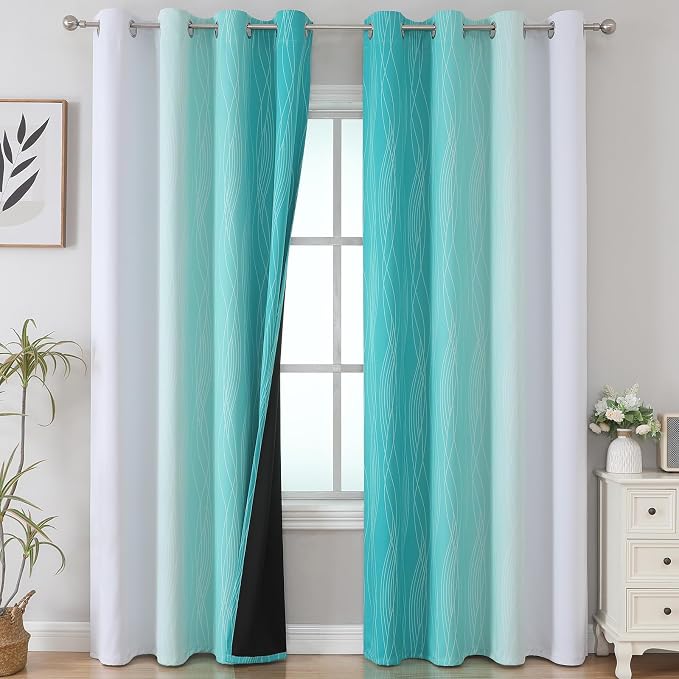 Teal and Grayish White Ombre Blackout Curtains Living Room 108 Inches Long | Estelar Textiler Room Darkening Curtains for Bedroom,Thermal Insulated,Energy Saving Grommet Window Drapes,52Wx108L,2 Panels