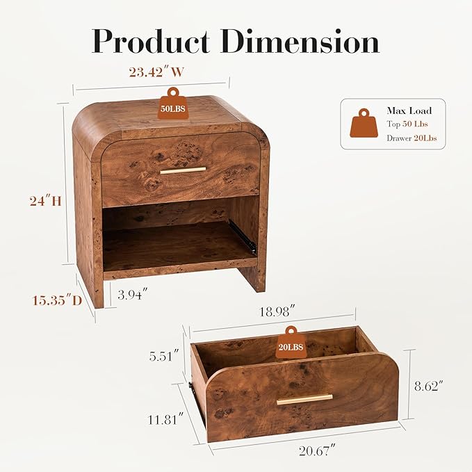 Night Stand [Unique Curved Profile] [FSC-Certified Wooden Board] 2-Drawer Nightstand 24" H Metal Handle Modern Sturdy Bedside Table Side Table End Table | [Curved Profile] [FSC-Certified Wooden Board] Nightstand 24" H Metal Handle Modern Bedside Table ...