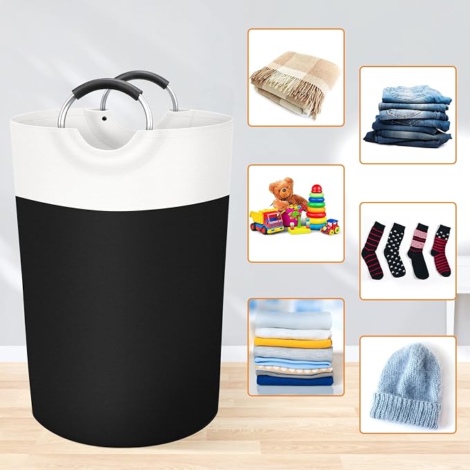 BlissTotes 75L Laundry Basket, Freestanding Collapsible Hamper, Black | Collapsible Dirty Clothes Hamper, Foldable Laundry Bag for Dorm, Waterproof Fabric, Padded Aluminum Handles