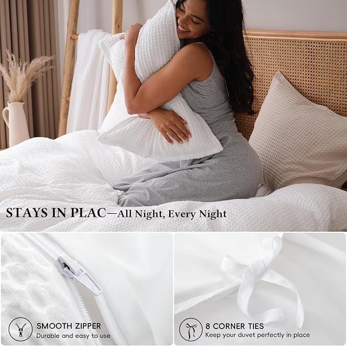 David's Home Soft Textured Waffle Weave Duvet Cover Set, Twin Size, White | Breathable Cozy for All Season, 300GSM, 2PCS Home Bedding Decor, OEKO-TEX Certified, Hidden Zipper, 6 Corner Ties, 68" X 90"