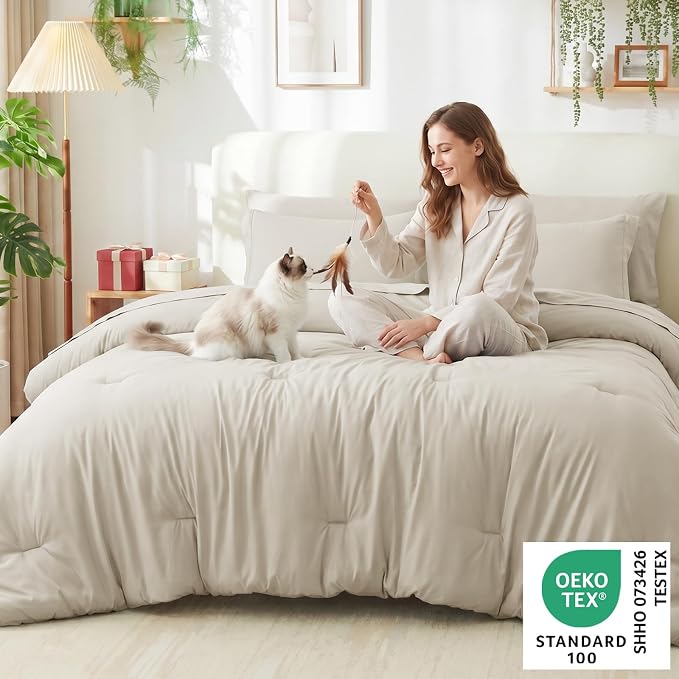 California King Comforter Set Beige, 7 Pieces Bed in a Bag | OEKO-TEX Certified, All-Season, Bedroom, 240GSM Down Alternative Comforter, Flat & Fitted Sheets, 2 Pillowcases & 2 Shams