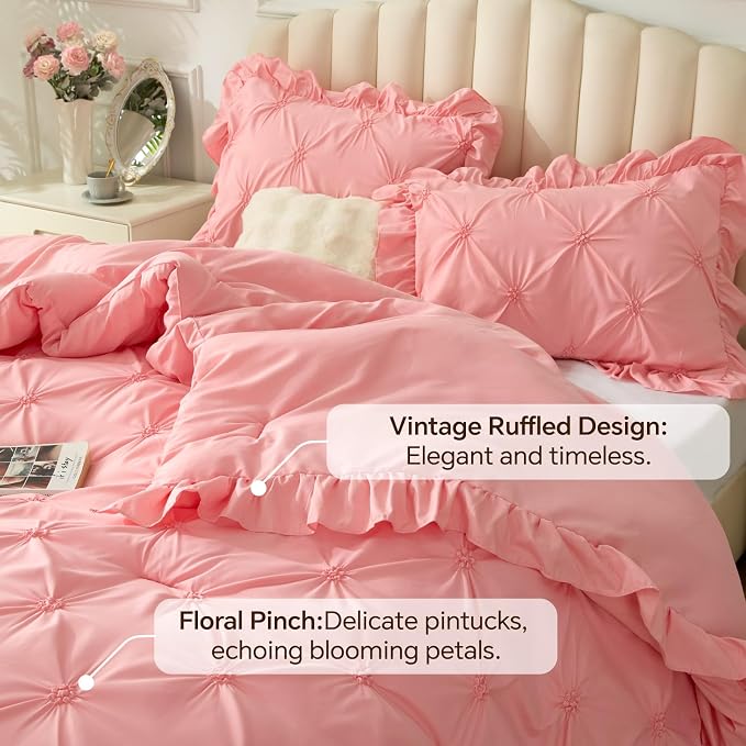 BEDELITE King Comforter Set Ruffle-Pink,Lightweight & Soft Comforter | Pintuck Boho Bedding, Warm & Cute Bed Set for All Season,With 2 Pillowcases
